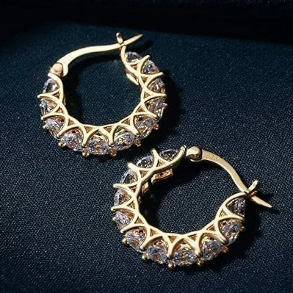 Women's 14K Gold Plated 925 Yellow Gold Cubic Zirconia Hoop Dainty Earrings - Picture 2 of 6